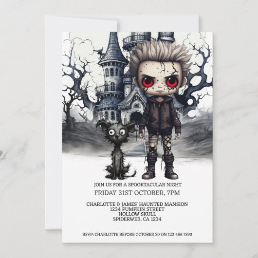 Halloween Scary Boy and Dog Under a Full Moon Einladung (Vorderseite)