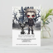 Halloween Scary Boy and Dog Under a Full Moon Einladung (Stehend Vorderseite)