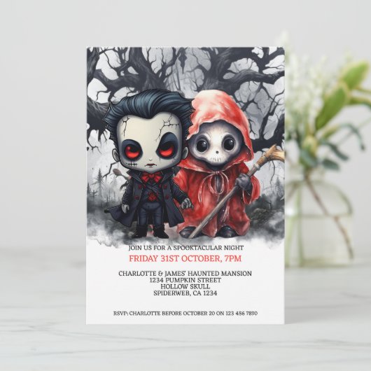 Halloween Scary Grim Reaper and Vampire Einladung (Stehend Vorderseite)