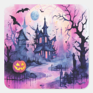 Halloween Scene Spuk House (1) Quadratischer Aufkleber