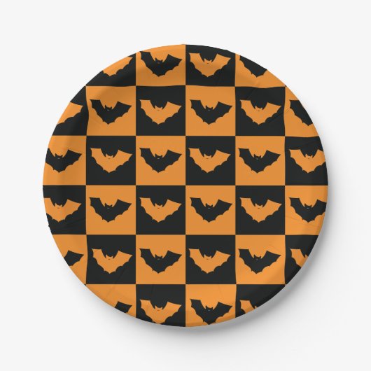 Halloween-Schachbretter Muster mit Fledermäusen Pappteller (Vorderseite)