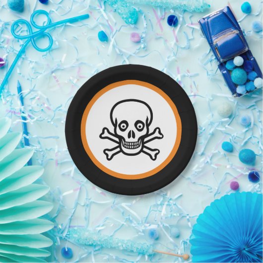 Halloween-Schädel auf schwarz, orange und weiß Pappteller (Party)