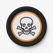 Halloween-Schädel auf schwarz, orange und weiß Pappteller (Vorderseite)
