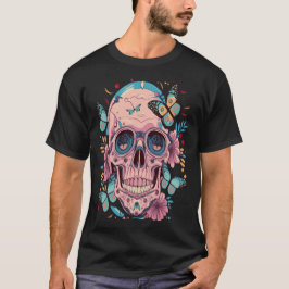 Halloween-Schädel mit Blume und Schmetterlingen T-Shirt