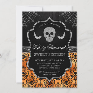 Halloween-Schädel und Fledermaus-Damaskus Sweet 16 Einladung