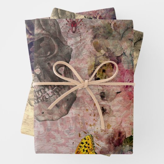 Halloween-Schädel, Weinglas und Gelbe Schmetterlin Geschenkpapier Set (Beispiel)