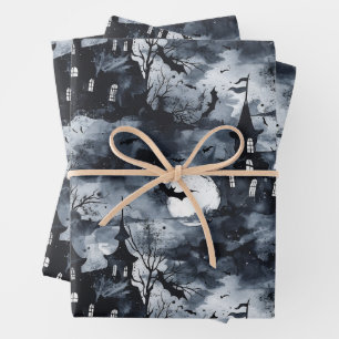 Halloween-Schloss mit Mond und Fledermäusen Gotisc Geschenkpapier Set