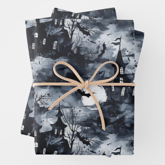 Halloween-Schloss mit Mond und Fledermäusen Gotisc Geschenkpapier Set (Beispiel)