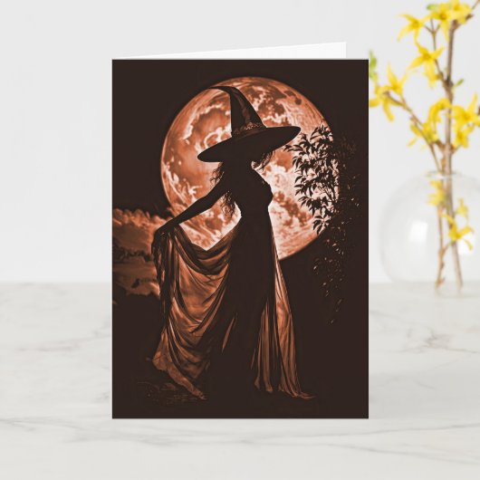 Halloween Schöne Hexe Silhouette in Orange Karte (Gelbe Blume)