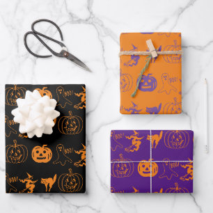 Halloween schwarz orange lila gruseliger Muster Geschenkpapier Set