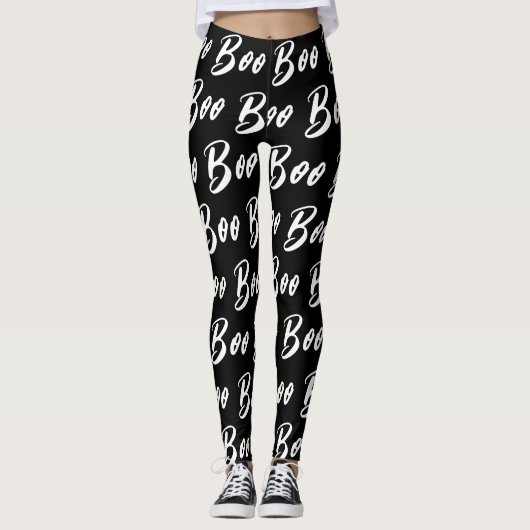 Halloween Schwarz/Weiß-Boottextmuster Leggings (Vorderseite)