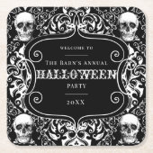Halloween Schwarz-weiß Damask Skull Gothic Custom Rechteckiger Pappuntersetzer (Vorderseite)