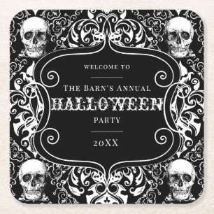 Halloween Schwarz-weiß Damask Skull Gothic Custom Rechteckiger Pappuntersetzer