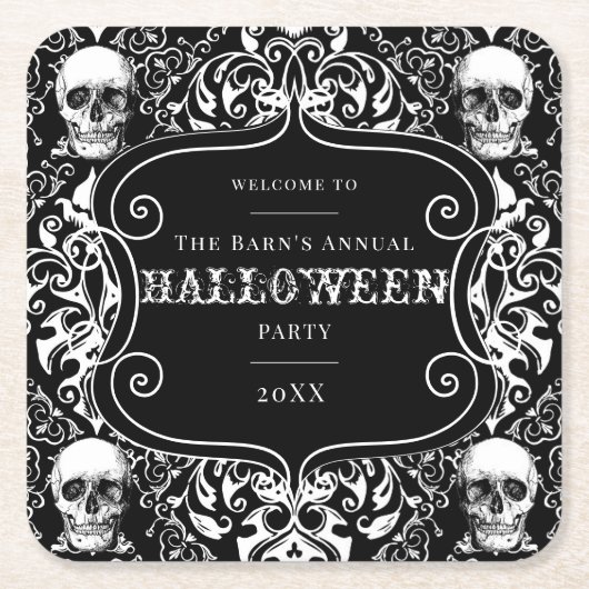 Halloween Schwarz-weiß Damask Skull Gothic Custom Rechteckiger Pappuntersetzer (Vorderseite)