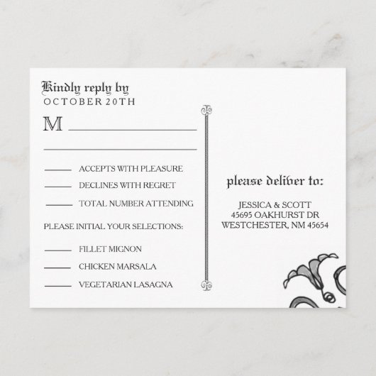 Halloween Schwarz-weiß Gothic Scroll UAWG MENU Einladungspostkarte (Rückseite)