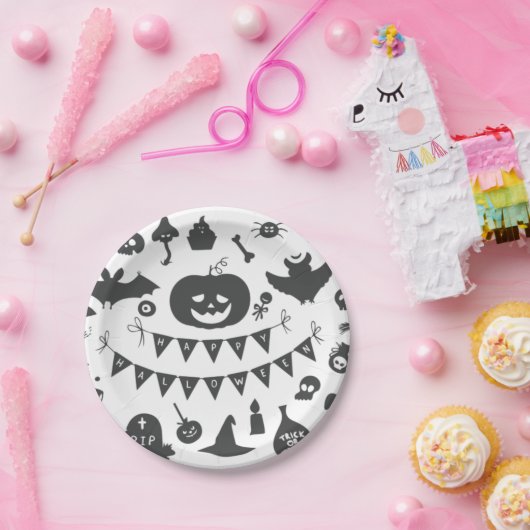Halloween Schwarz-Weiß-Ikonen-Muster Pappteller (Party)