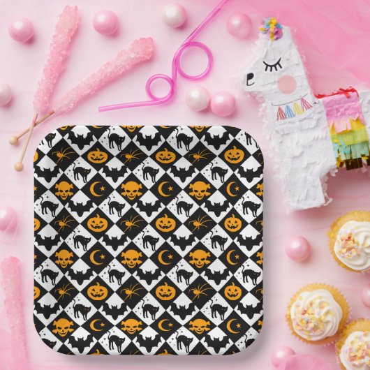 Halloween Schwarz-weiß Orange Harlequin Pattern Pappteller (Party)