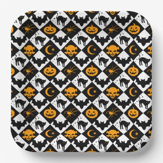 Halloween Schwarz-weiß Orange Harlequin Pattern Pappteller (Vorderseite)
