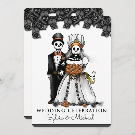 Halloween Schwarz-weiß Orange Skeleton Couple Einladung (Vorne/Hinten)