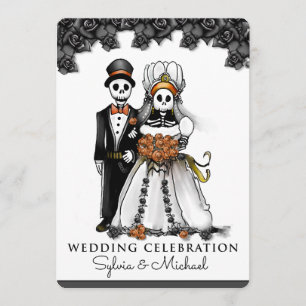 Halloween Schwarz-weiß Orange Skeleton Couple Einladung