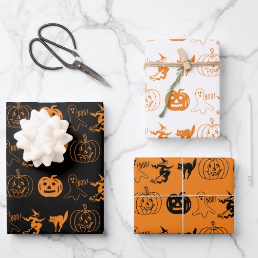 Halloween-Schwarz-weiß-Orangensprichmuster Geschenkpapier Set (Vorderseite)