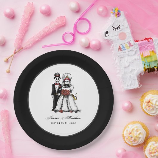 Halloween Schwarz-Weiß-Rot-Skelette passt zusammen Pappteller (Party)