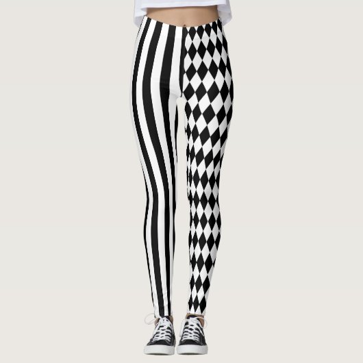 Halloween Schwarz-weiß Stripes Harlequin Pattern Leggings (Vorderseite)