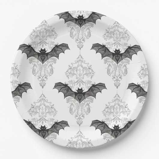 Halloween-Schwarz-weißes Fledermausmuster Pappteller (Vorderseite)