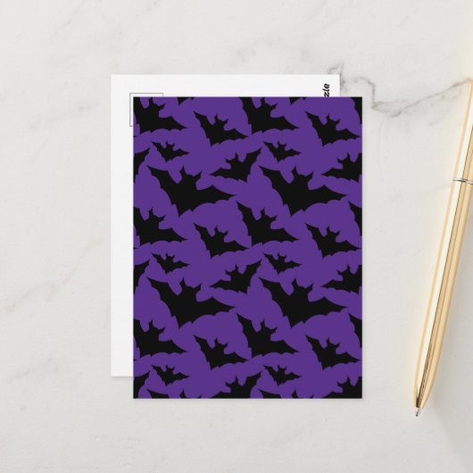 Halloween-Schwarzbats lila cooles, sprichwörtliche Postkarte (Vorderseite/Rückseite Beispiel)