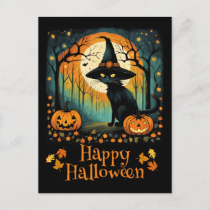 Halloween schwarze Hexenkatze und Vollmond-Kürbis Postkarte