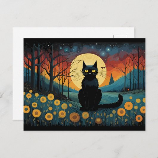 Halloween Schwarze Katze auf der Wiese Vollmond Postkarte (Vorne/Hinten)