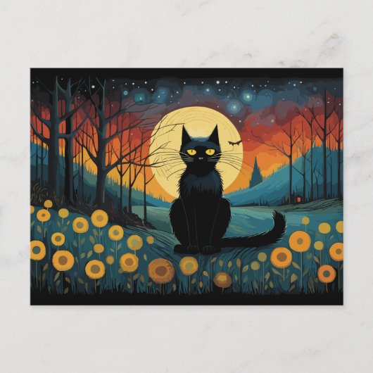 Halloween Schwarze Katze auf der Wiese Vollmond Postkarte (Vorderseite)