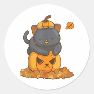 Halloween Schwarze Katze auf Kürbis mit Herbst Runder Aufkleber