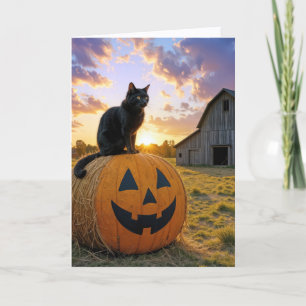 Halloween-Schwarze Katze auf Kürbis-Strohballen Karte