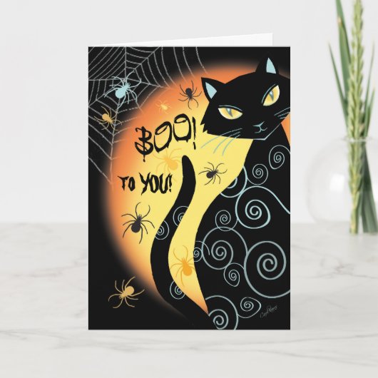Halloween, schwarze Katze, Boo! Karte (Vorderseite)