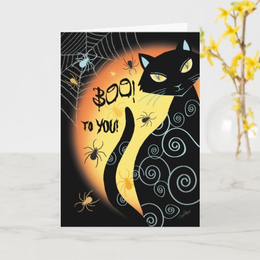 Halloween, schwarze Katze, Boo! Karte (Gelbe Blume)