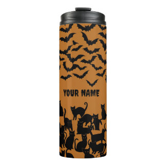 Halloween schwarze Katze Fledermaus Orange Grusel  Thermosbecher