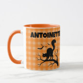 Halloween schwarze Katze & Fledermäuse orange Karo Tasse (Links)
