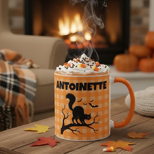 Halloween schwarze Katze & Fledermäuse orange Karo Tasse