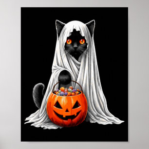 Halloween-Schwarze-Katze-Geist-Kostüm-Kürbis Poster
