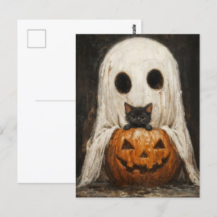 Halloween schwarze Katze & Geist - Süß und Gruseli Postkarte