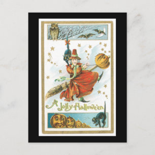 Halloween-Schwarze Katze, Hexe und Eule Postkarte