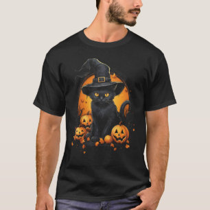Halloween-Schwarze-Katze-Hexen-Kostüm-Kürbis-Mond- T-Shirt