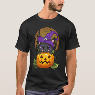 Halloween-Schwarze-Katze-Hexenhut-Kürbis für Kinde T-Shirt