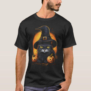 Halloween-Schwarze-Katze-Hexenhut-Mond-Kürbis-Kost T-Shirt