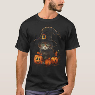 Halloween schwarze Katze Kätzchen Kürbis Hexenhut T-Shirt