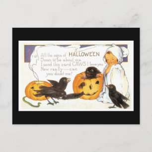 Halloween-Schwarze Katze, Kind und Krähe Postkarte