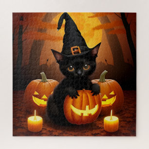 Halloween-Schwarze-Katze-Kürbis-Glow-Szene Puzzle