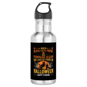Halloween-Schwarze-Katze-Kürbis-Glückliches-Angeln Edelstahlflasche