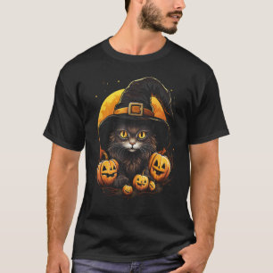 Halloween schwarze Katze Kürbis Hexenhut Mond lust T-Shirt